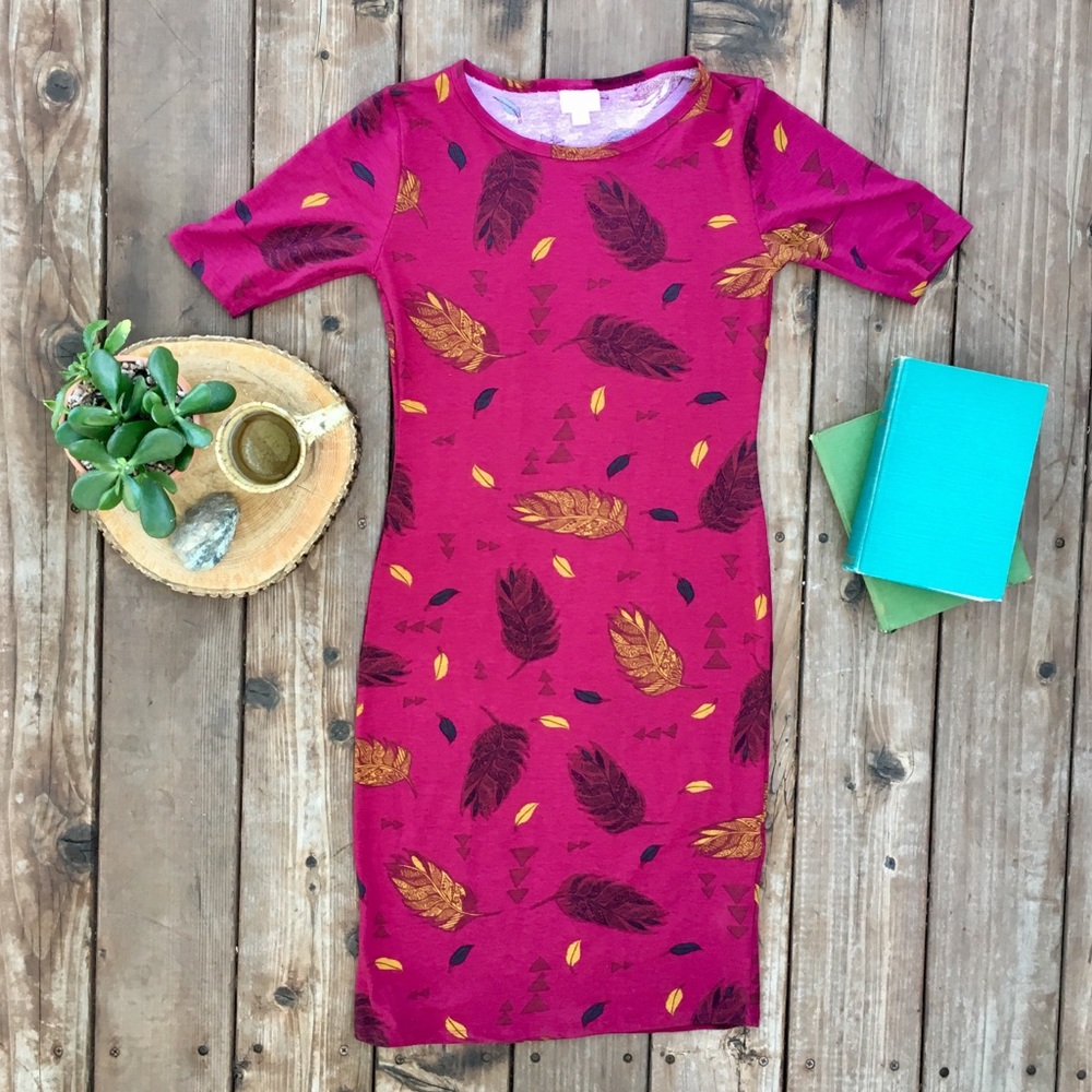 LuLaRoe Julia Dress in Maroon with Feathers